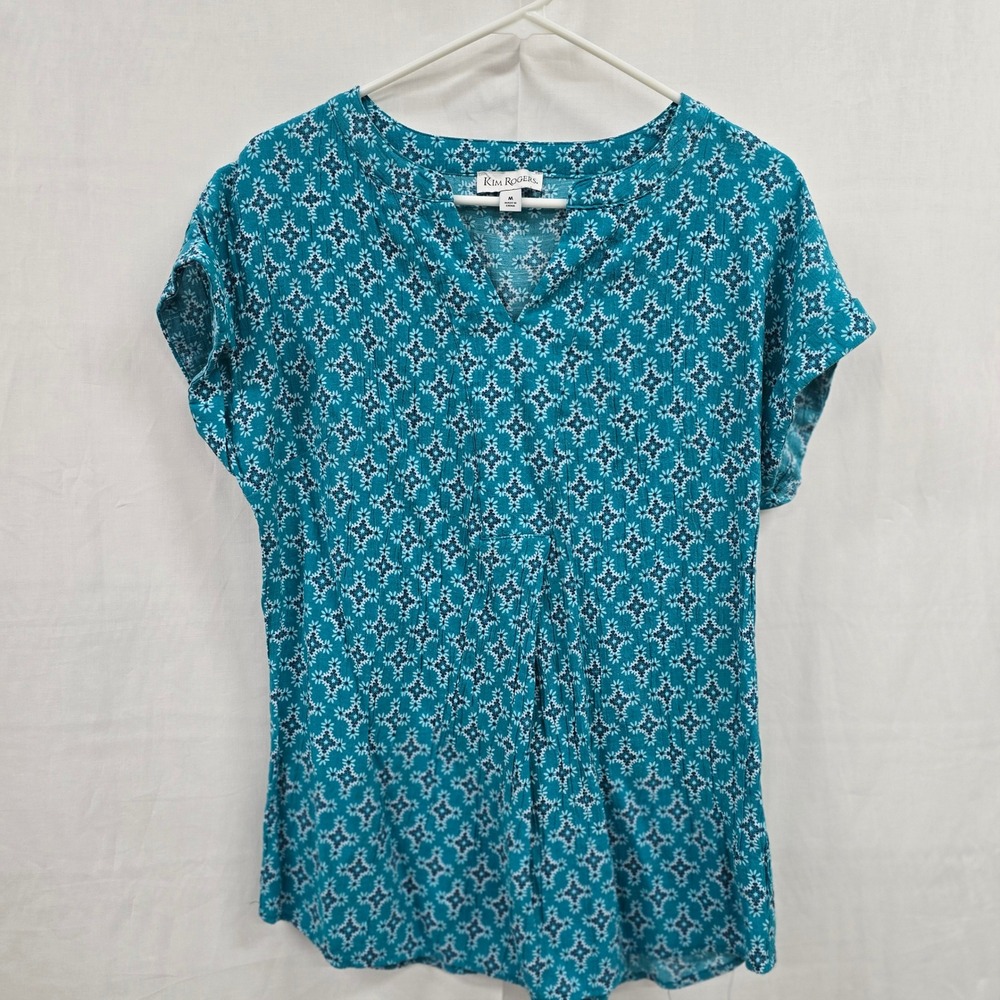 Kim Rogers Womens Teal Blue Floral Geometric Split Neck Short Sleeve Blouse M